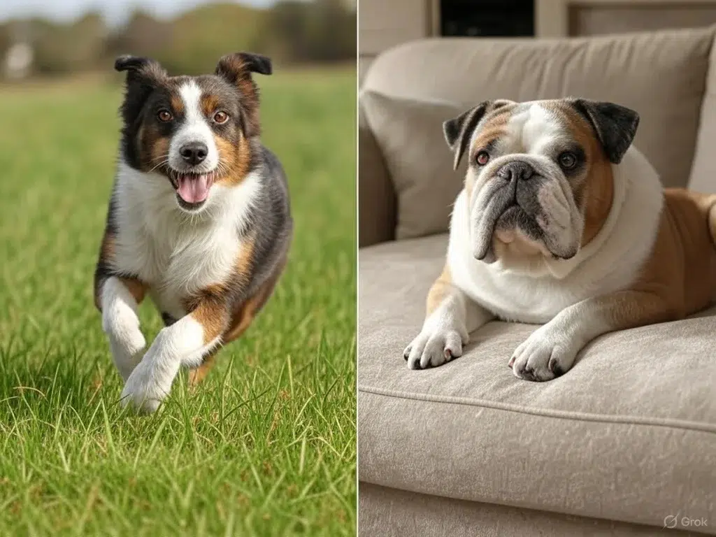 Comparación visual entre dos perros adultos según su estilo de vida: uno activo corriendo en el campo y otro sedentario descansando en el sofá