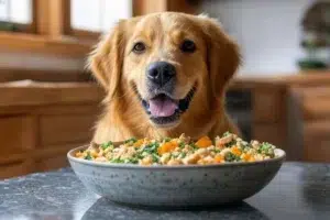 Perro adulto feliz frente a un plato de comida casera saludable y balanceada, ejemplo de alimentación orgánica para perros adultos.