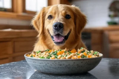 Perro adulto feliz frente a un plato de comida casera saludable y balanceada, ejemplo de alimentación orgánica para perros adultos.