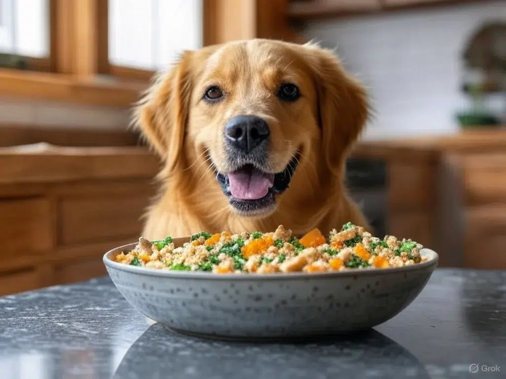 Perro adulto feliz frente a un plato de comida casera saludable y balanceada, ejemplo de alimentación orgánica para perros adultos.