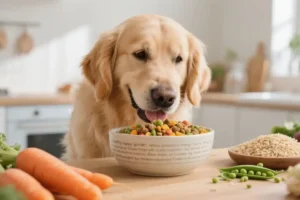 Perro golden retriever comiendo croquetas orgánicas rodeado de vegetales frescos.