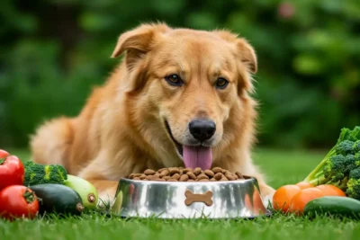 Perro feliz comiendo comida orgánica para perros rodeado de verduras frescas como tomates, brócoli y calabaza en un parque natural.