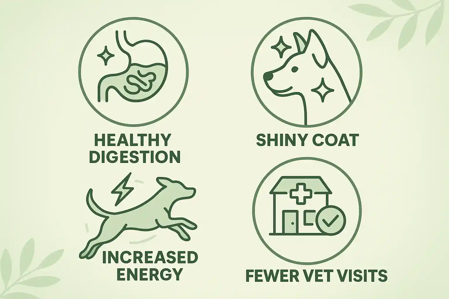 Infografía con íconos que muestran beneficios de la comida natural para perros: digestión saludable, pelaje brillante, más energía y menos visitas al veterinario