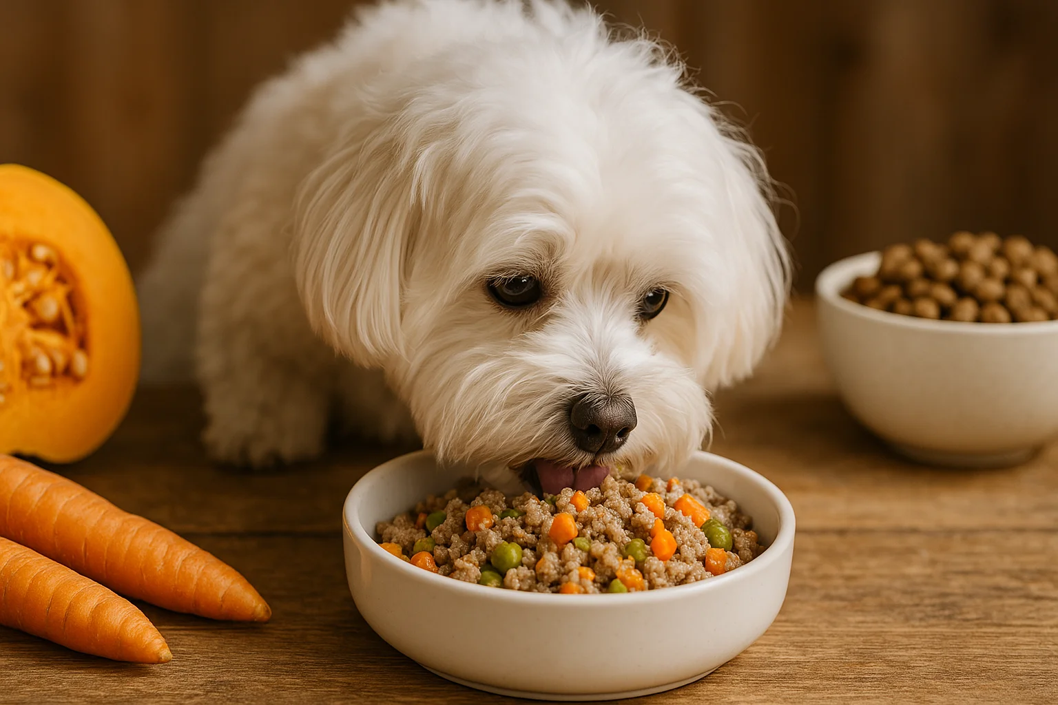 Perro pequeño alimentándose con dieta natural orgánica Bichón Maltés blanco comiendo comida casera orgánica con zanahorias, calabaza y pienso saludable sobre una mesa rústica.