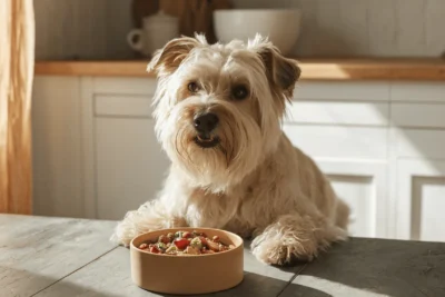 Perro pequeño de pelaje claro junto a un cuenco con comida casera saludable, representando la relación entre nutrición y salud canina.