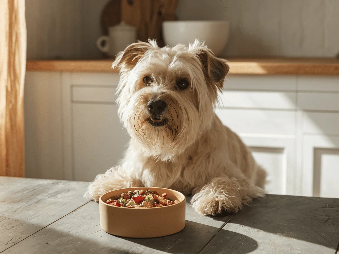 Perro pequeño de pelaje claro junto a un cuenco con comida casera saludable, representando la relación entre nutrición y salud canina.