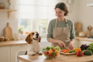 Perro feliz en cocina acogedora junto a una mujer que prepara vegetales frescos y orgánicos.