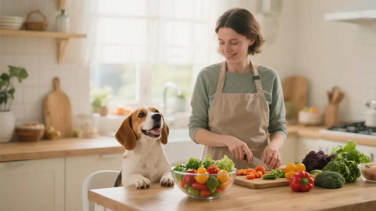 Perro feliz en cocina acogedora junto a una mujer que prepara vegetales frescos y orgánicos.