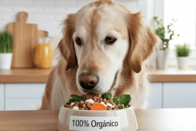 Perro Golden Retriever comiendo croquetas con ingredientes naturales como espinaca y zanahoria en un bol que dice “100% Orgánico” sobre una mesa de cocina luminosa .