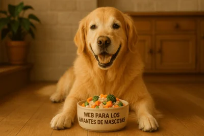 Perro mayor raza golden retriever feliz comiendo comida orgánica casera con vegetales y pollo en una cocina cálida, imagen ideal para blog sobre beneficios de la comida orgánica para perros mayores.