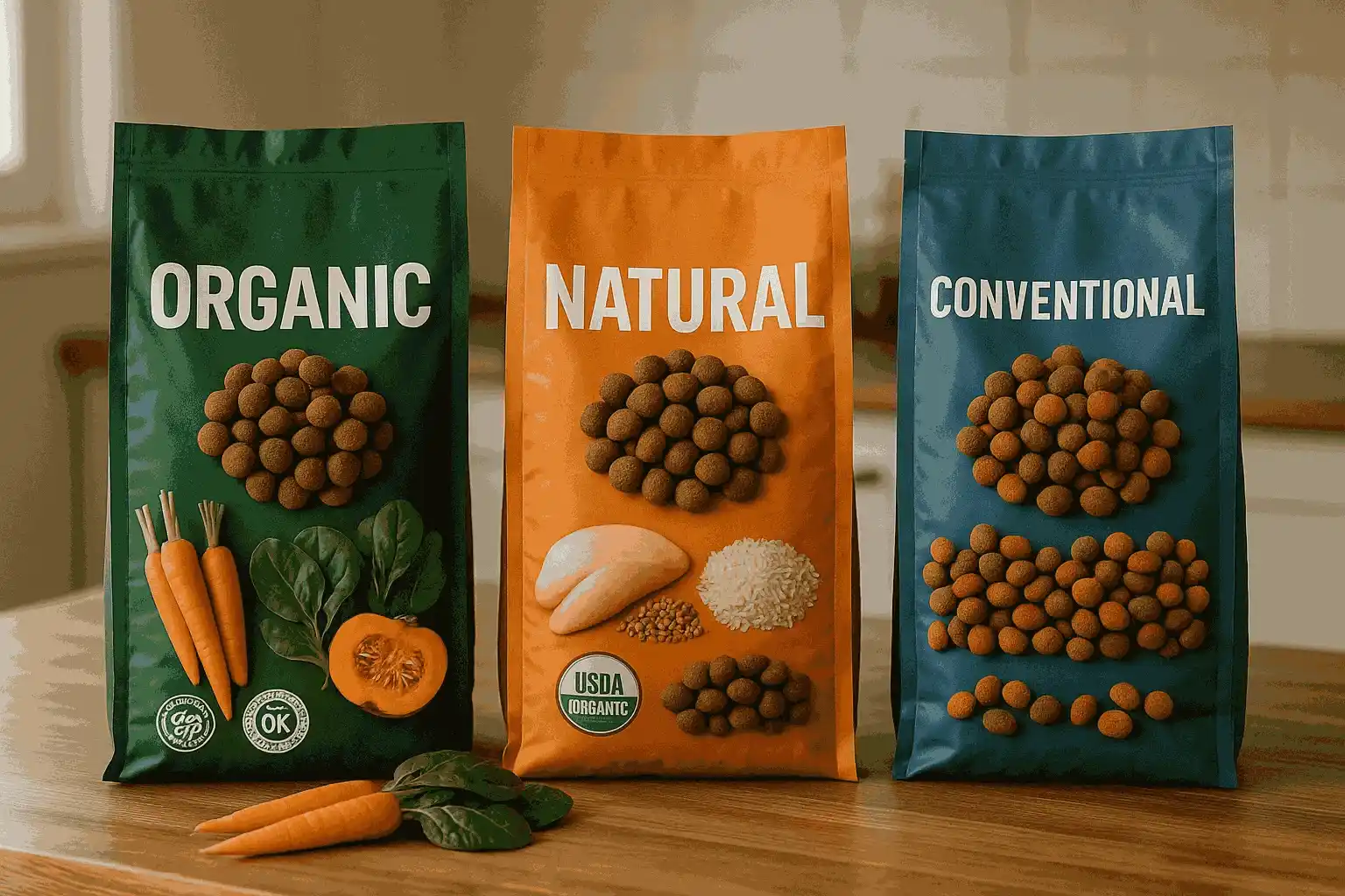 Tres tipos de comida seca para perros: pienso orgánico, croquetas naturales y alimento convencional, con ingredientes representativos frente a cada saco.