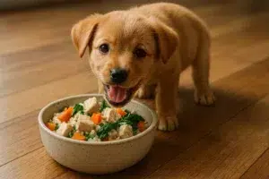 Cachorro comiendo comida orgánica para cachorros hecha en casa con pollo, zanahorias, espinacas y arroz en un cuenco de cerámica sobre suelo de madera.