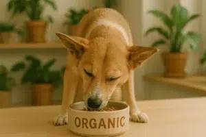 Perro de tamaño mediano comiendo comida orgánica certificadas para perros en un cuenco de cerámica, rodeado de plantas en una cocina ecológica con luz natural.