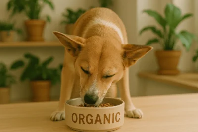 Perro de tamaño mediano comiendo comida orgánica certificadas para perros en un cuenco de cerámica, rodeado de plantas en una cocina ecológica con luz natural.