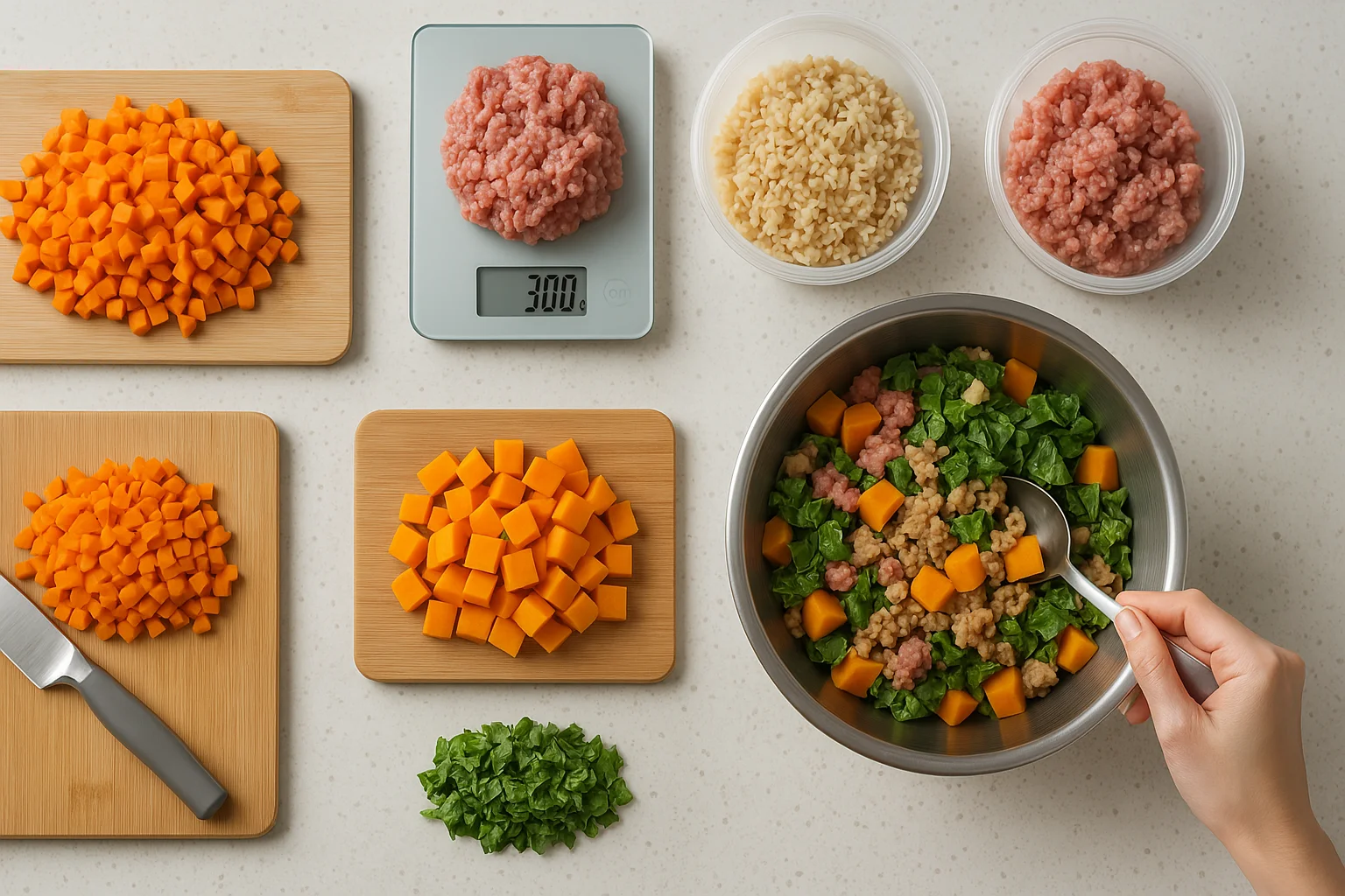 Vista cenital de la preparación de comida casera para perros con carne, vegetales y arroz, junto a recipientes y balanza, ideal para conservar correctamente la ración diaria.
