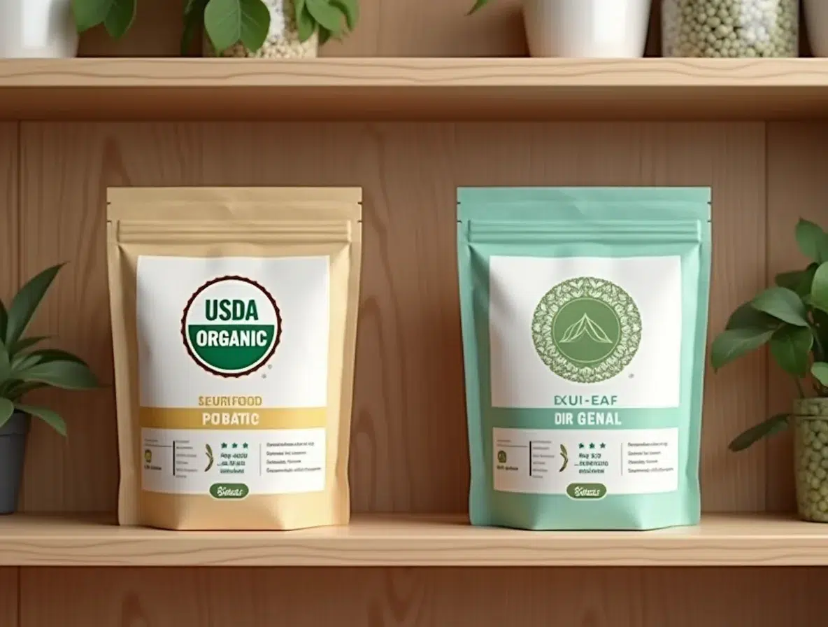 Comparación visual entre envases de comida para mascotas con sello USDA Organic y sello Euro Leaf de la Unión Europea.