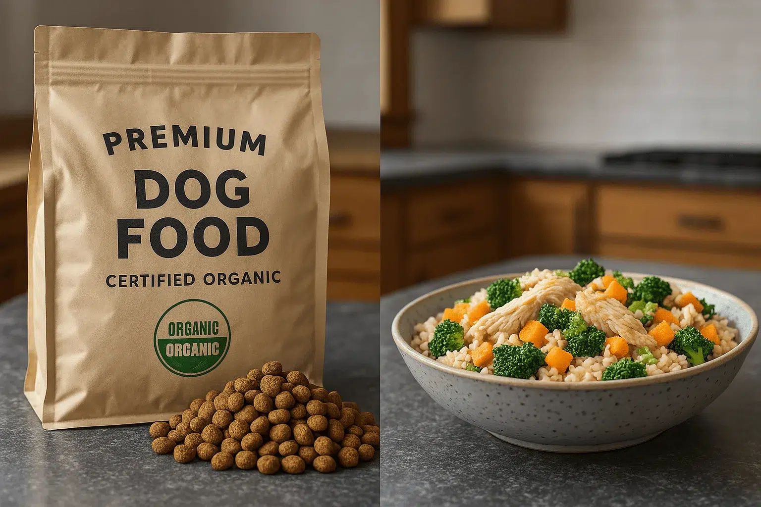 Comparativa entre pienso orgánico en bolsa y comida casera orgánica con pollo, arroz y vegetales, ideal para la alimentación saludable de perros.