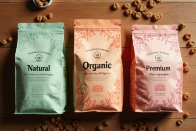Bolsas de comida para perros natural, orgánica y premium sobre una mesa de madera, con croquetas alrededor como comparativa visual de los distintos tipos de alimento.
