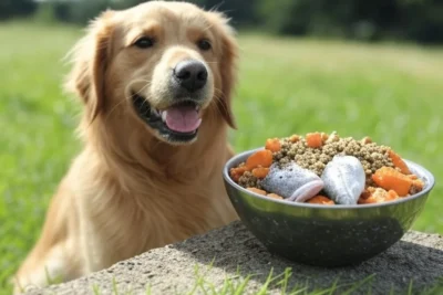 Perro feliz junto a un plato con dieta orgánica rica en pescado, zanahorias y croquetas naturales, ideal para perros con sobrepeso o problemas digestivos.