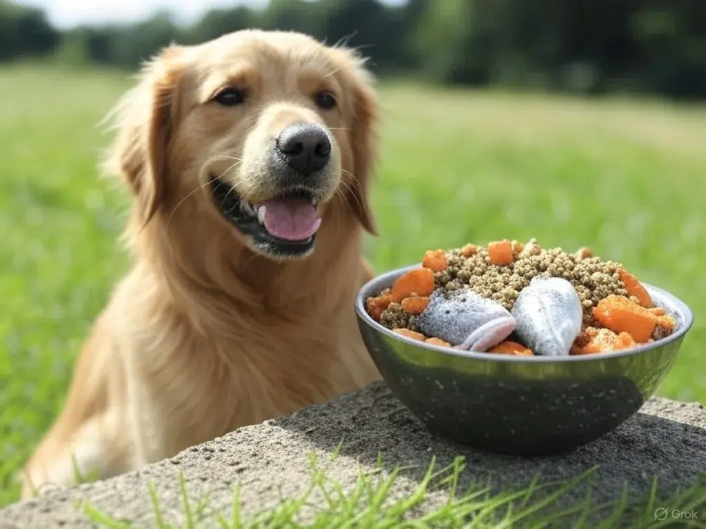 Perro feliz junto a un plato con dieta orgánica rica en pescado, zanahorias y croquetas naturales, ideal para perros con sobrepeso o problemas digestivos.