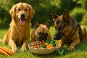 Golden retriever, bulldog francés y pastor alemán comiendo croquetas orgánicas con zanahoria, calabaza y brócoli en un jardín verde y soleado con fondo desenfocado.