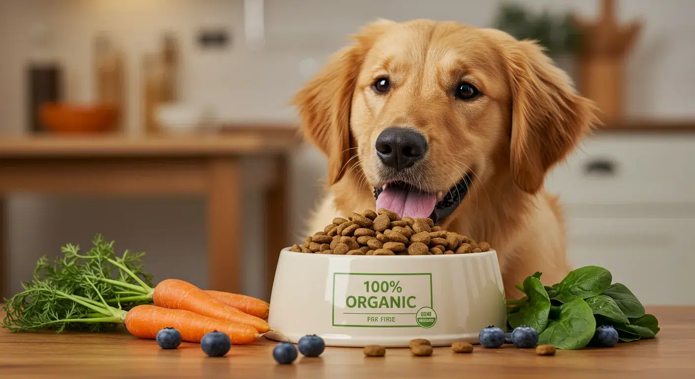 Perro golden retriever feliz comiendo pienso natural de alta calidad con sello 100% orgánico, rodeado de vegetales frescos, representando las mejores marcas y productos de comida orgánica para perros.