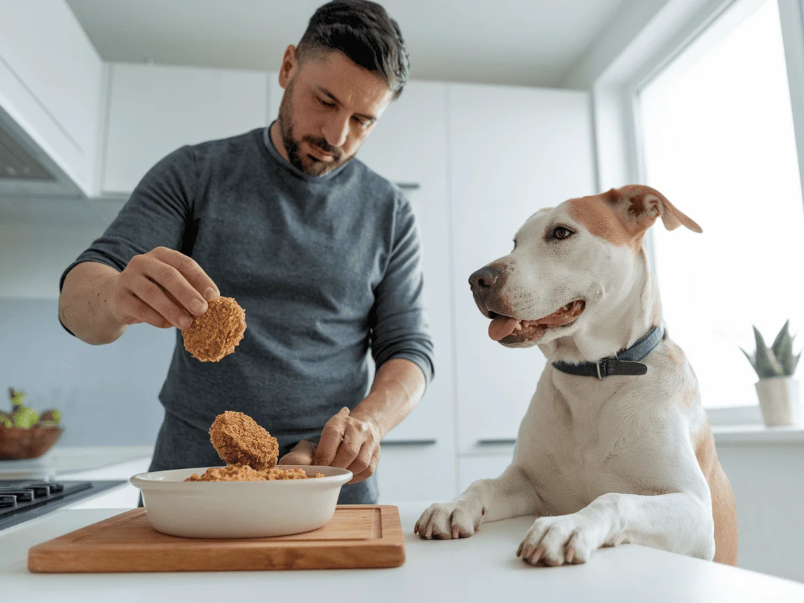 Hombre preparando comida casera para perro con croquetas orgánicas de arroz y pollo hervido mientras su perro lo observa feliz.