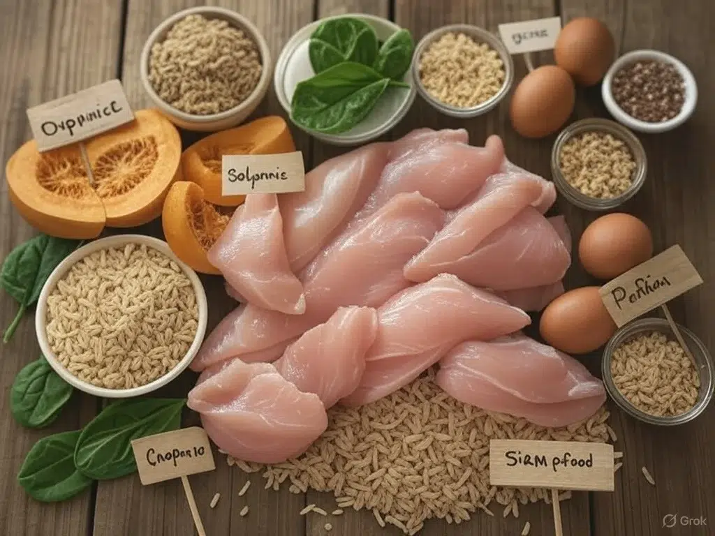 Ingredientes frescos como pollo, arroz integral, espinacas, calabaza y huevos, ideales para una dieta orgánica canina casera y equilibrada.