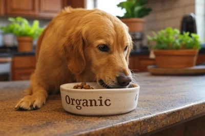 Perro comiendo comida orgánica certificada en un cuenco blanco sobre encimera de cocina.