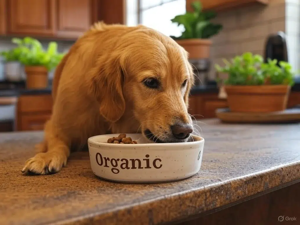 Perro comiendo comida orgánica certificada en un cuenco blanco sobre encimera de cocina.