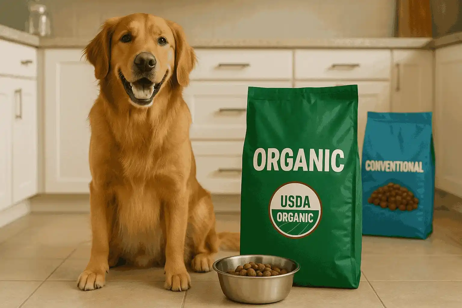 Perro sentado frente a su bol de croquetas, al lado de un saco de comida orgánica para perros con sello USDA, símbolo de alimentación ecológica y saludable.