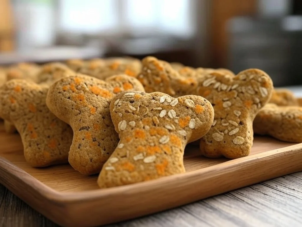 Galletas en forma de hueso elaboradas con ingredientes naturales como avena y zanahoria, ideales como snack orgánico saludable para cachorros.
