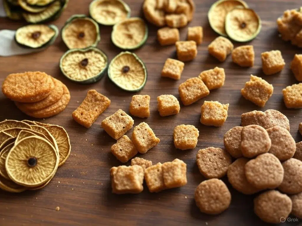 Variedad de snacks orgánicos bajos en calorías para perros sobre una mesa de madera, incluyendo galletas, frutas deshidratadas y bocados naturales