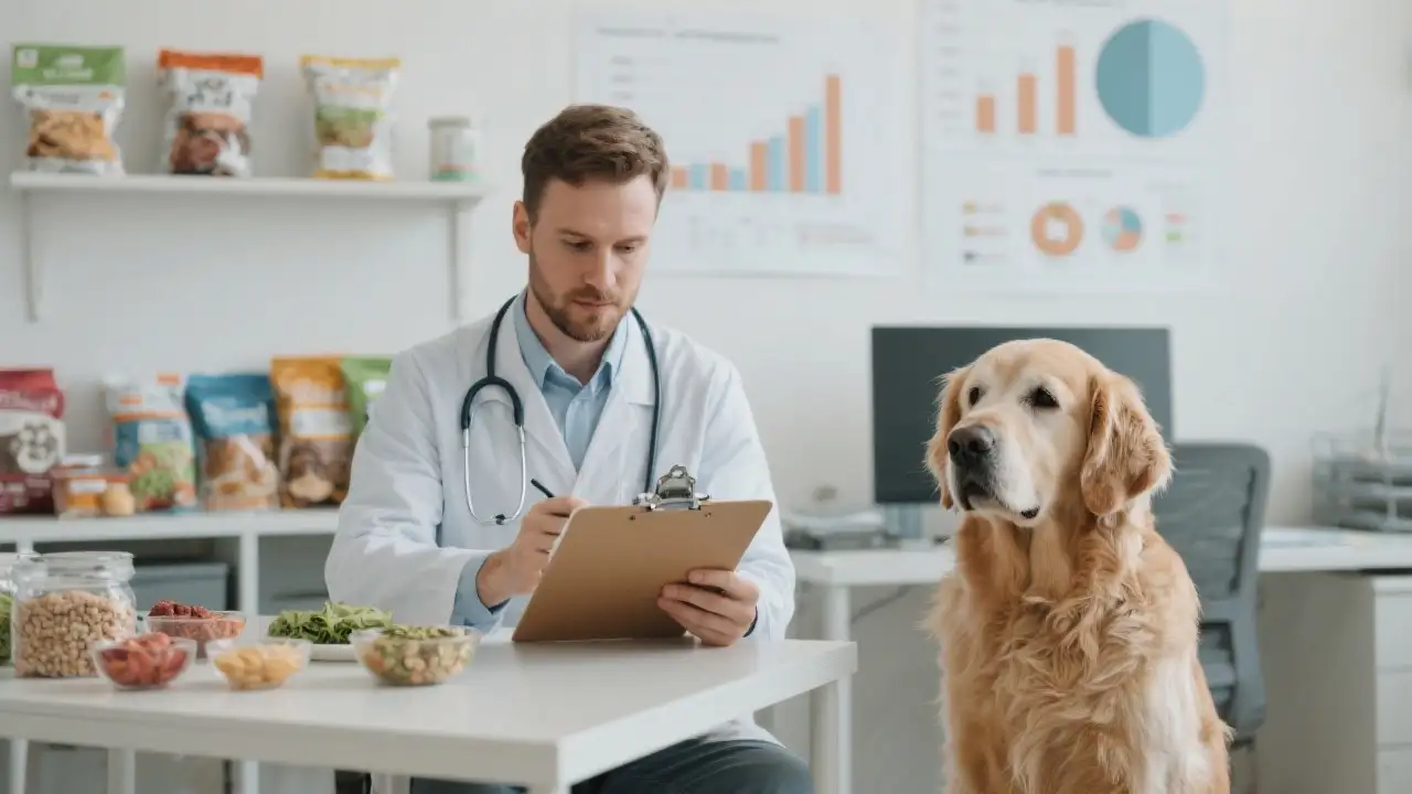 Veterinario revisando el perfil nutricional de un perro en consulta, con muestras de comida saludable en la mesa