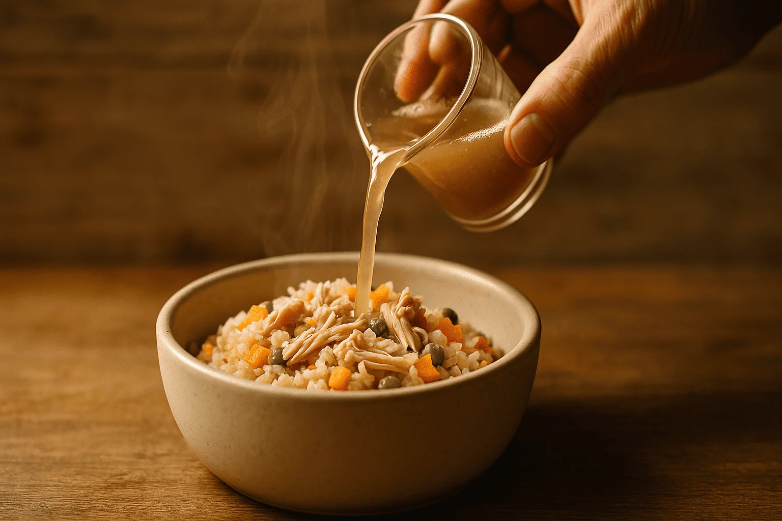 Primer plano de una mano vertiendo caldo tibio sobre comida orgánica casera para perro mayor, mostrando cómo adaptar la textura y temperatura para facilitar su consumo.