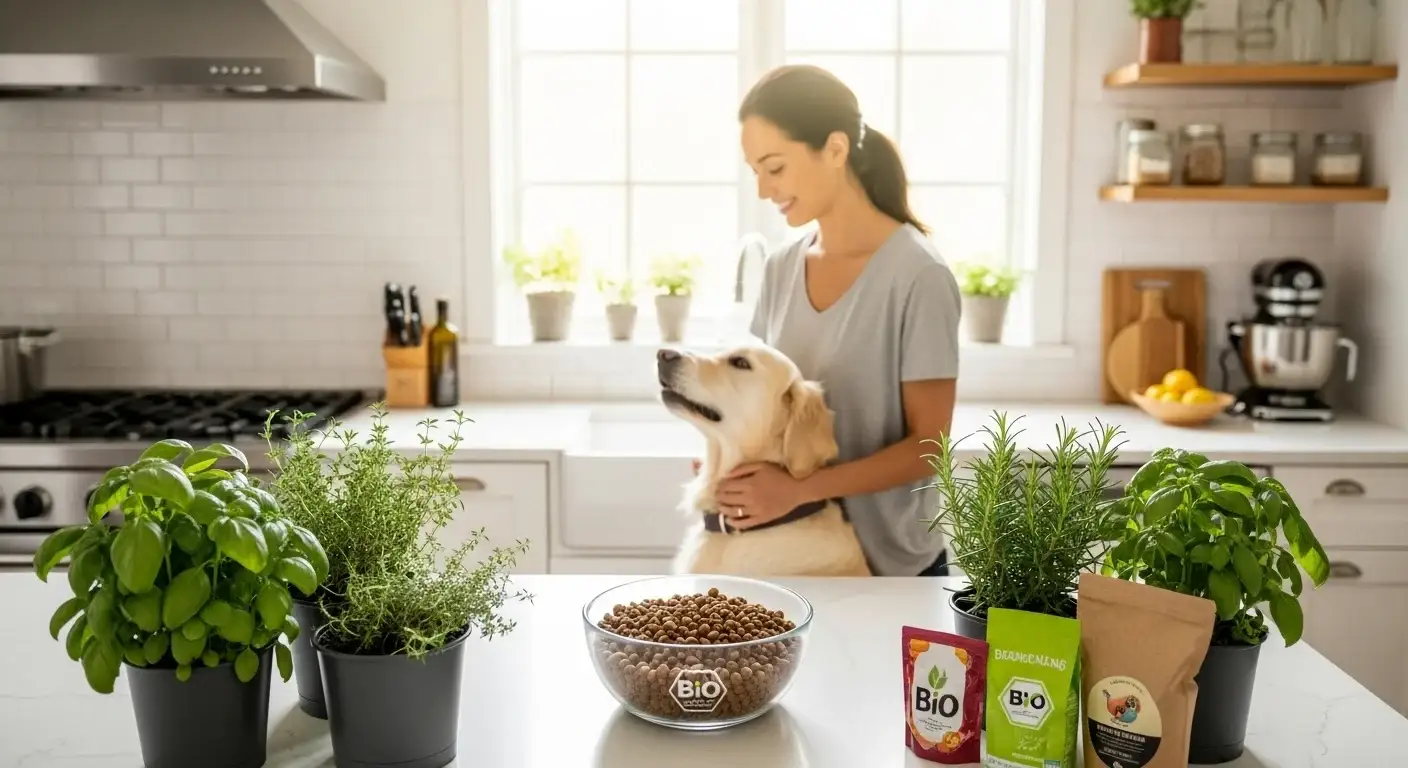 Mujer acariciando a su perro en una cocina luminosa con croquetas “Bio”, hierbas frescas y productos orgánicos en primer plano