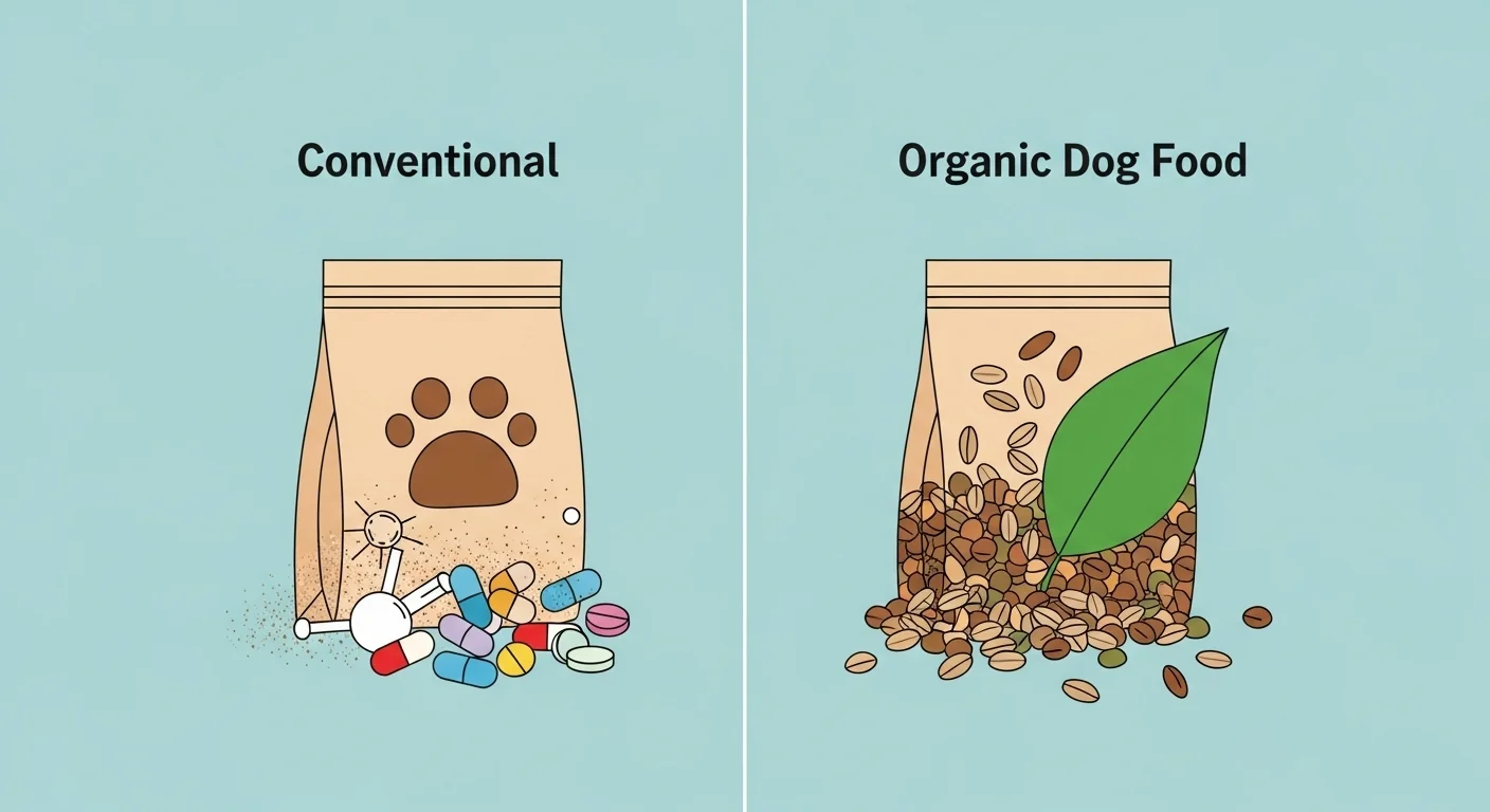 Ilustración comparativa de comida convencional para perros con cápsulas químicas vs. alimento orgánico con ingredientes naturales
