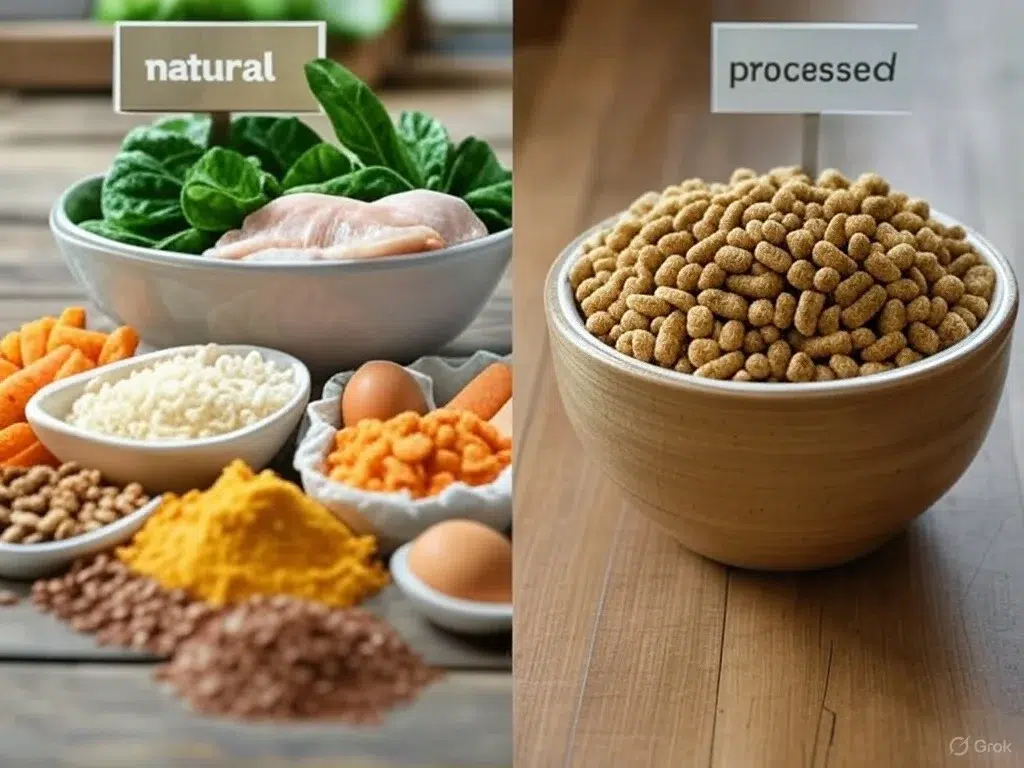 Comparativa visual entre comida orgánica para perros con ingredientes frescos y pienso procesado en boles separados.