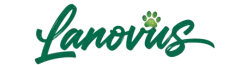 Logotipo de Lanovus con tipografía manuscrita verde y huella de perro sobre la “i”