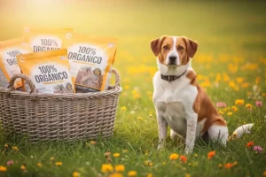 Perro feliz con pelaje brillante junto a una cesta con sacos de comida etiquetada "100% Orgánico" en un campo con flores silvestres