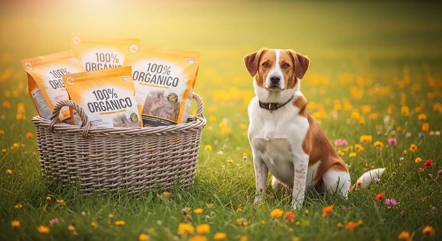 Perro feliz con pelaje brillante junto a una cesta con sacos de comida etiquetada "100% Orgánico" en un campo con flores silvestres