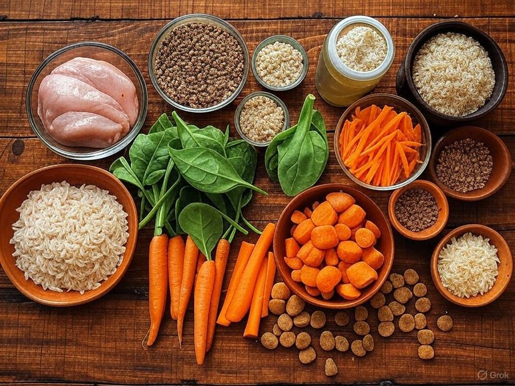 Vista superior de ingredientes orgánicos para comida de perro: pollo crudo, arroz, zanahorias, espinacas, semillas y croquetas naturales.