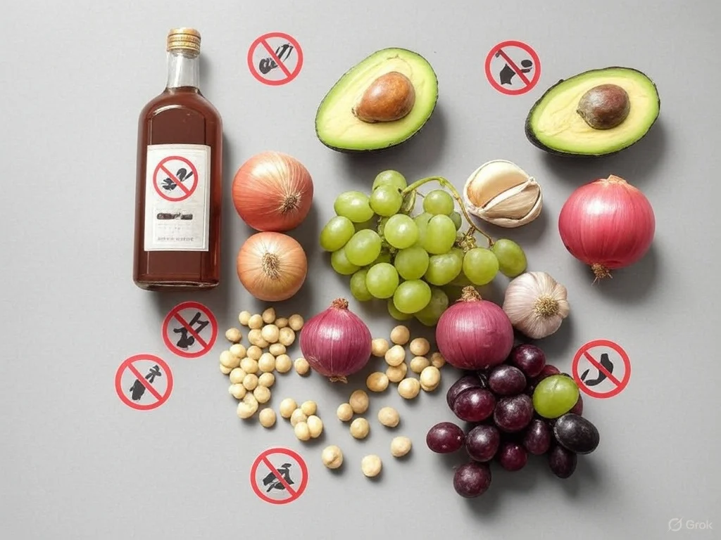 Los alimentos tóxicos para perros: uvas, aguacates, cebollas, ajo, nueces de macadamia y una botella de alcohol sobre fondo gris con símbolos de prohibición.