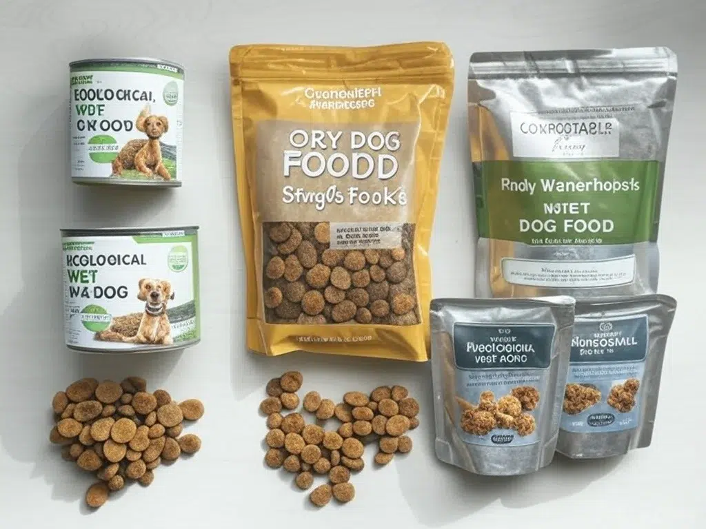 Composición de latas de comida húmeda ecológica, saco de pienso seco orgánico y snacks naturales deshidratados para perros.