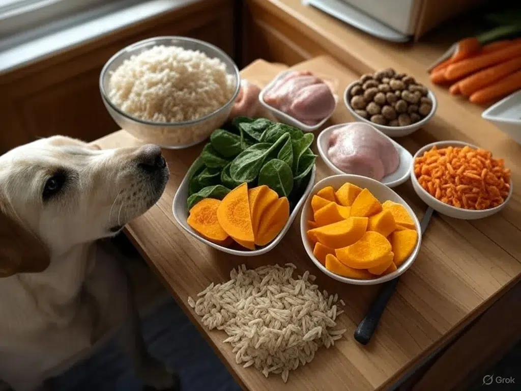 Perro observando ingredientes frescos como arroz, espinacas, pollo, calabaza y zanahoria para preparar comida casera orgánica.