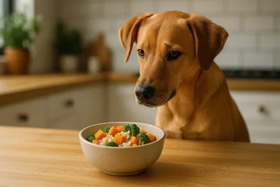 Perro mediano observando un bol con comida casera orgánica para perros, con arroz, brócoli y zanahorias, en una cocina luminosa de estilo rústico moderno.