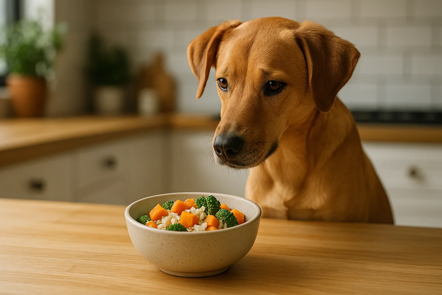 Perro mediano observando un bol con comida casera orgánica para perros, con arroz, brócoli y zanahorias, en una cocina luminosa de estilo rústico moderno.