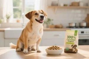 Perro feliz junto a un plato de croquetas y una bolsa de alimento 100% orgánico certificado.