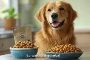 Perro frente a dos platos de croquetas, comparando opciones con sello USDA Organic en comida para perros.
