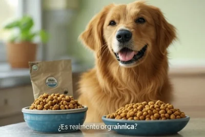 Perro frente a dos platos de croquetas, comparando opciones con sello USDA Organic en comida para perros.